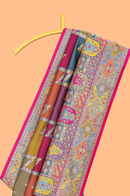 Multicolor zigzag geometric stripe patter banarasi silk saree with intricate contrast zari border and blouse