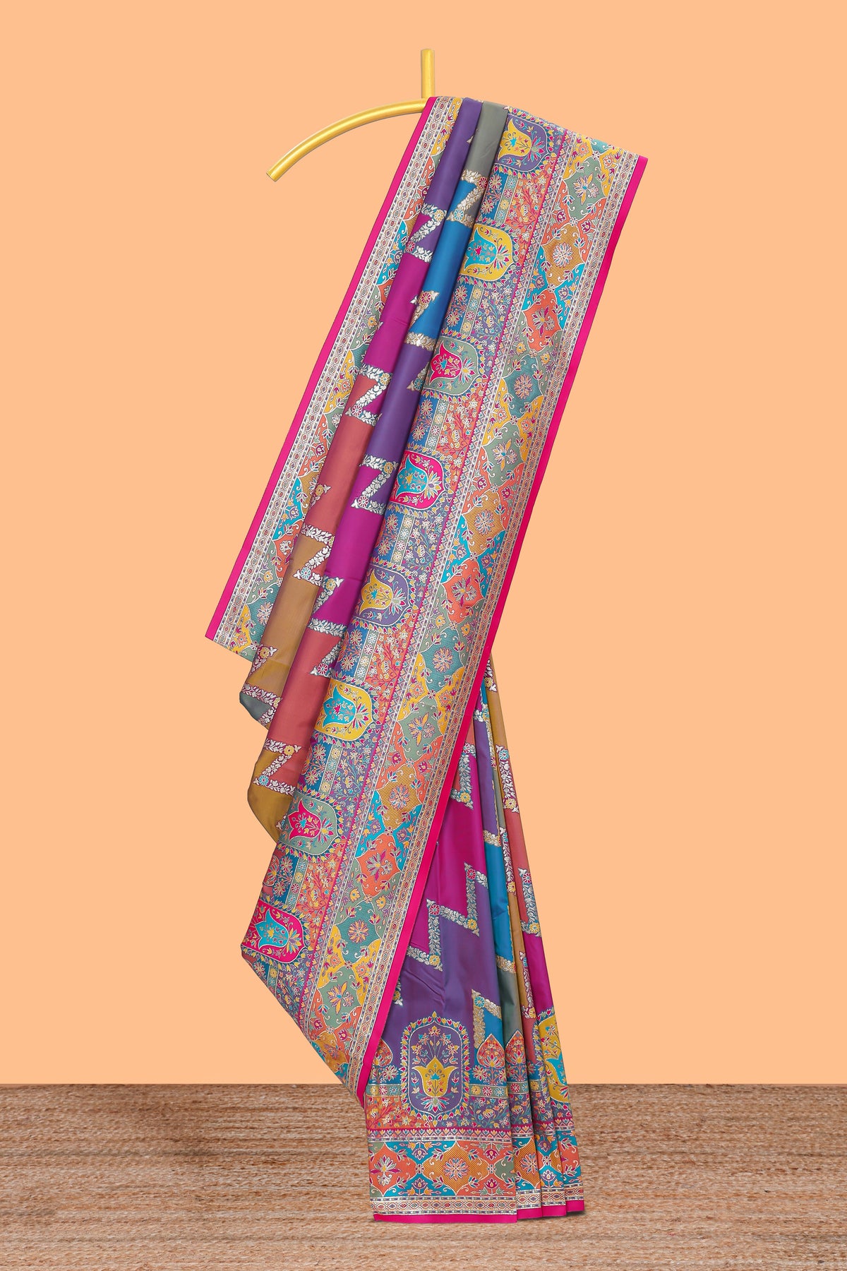 Multicolor zigzag geometric stripe patter banarasi silk saree with intricate contrast floral zari border and blouse