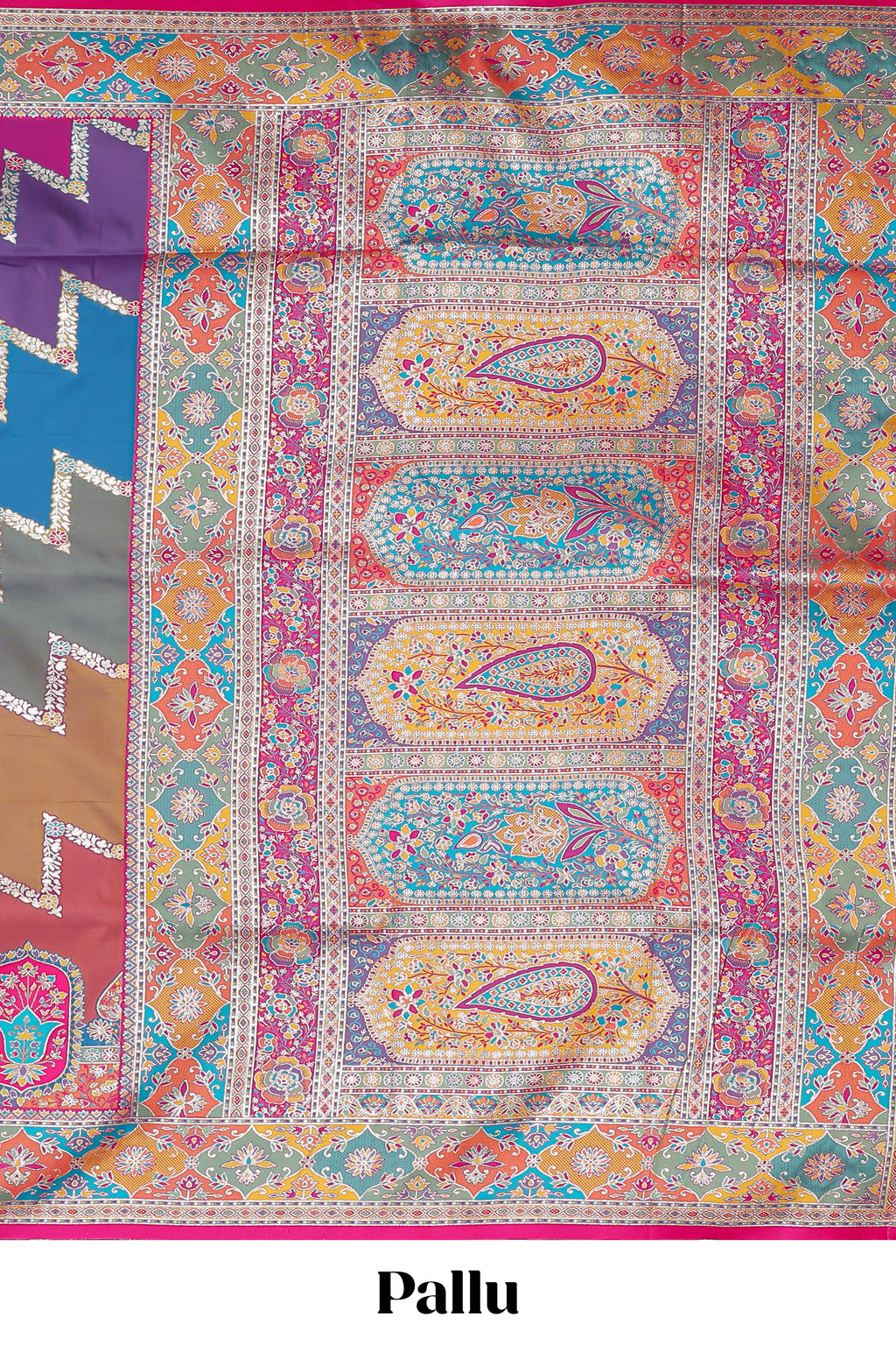 Multicolor zigzag geometric stripe patter banarasi silk saree with intricate contrast floral zari border and blouse