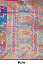 Multicolor zigzag geometric stripe patter banarasi silk saree with intricate contrast floral zari border and blouse