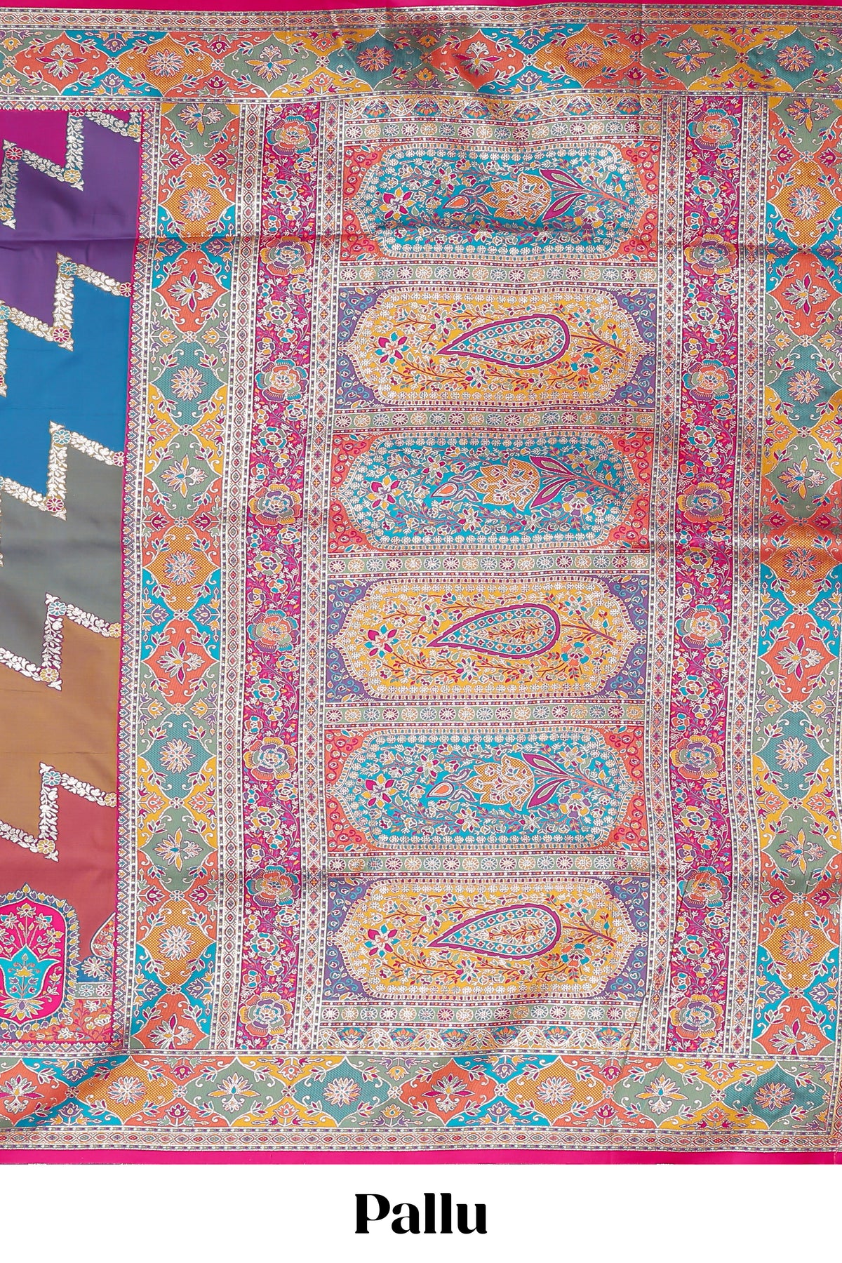 Multicolor zigzag geometric stripe patter banarasi silk saree with intricate contrast floral zari border and blouse