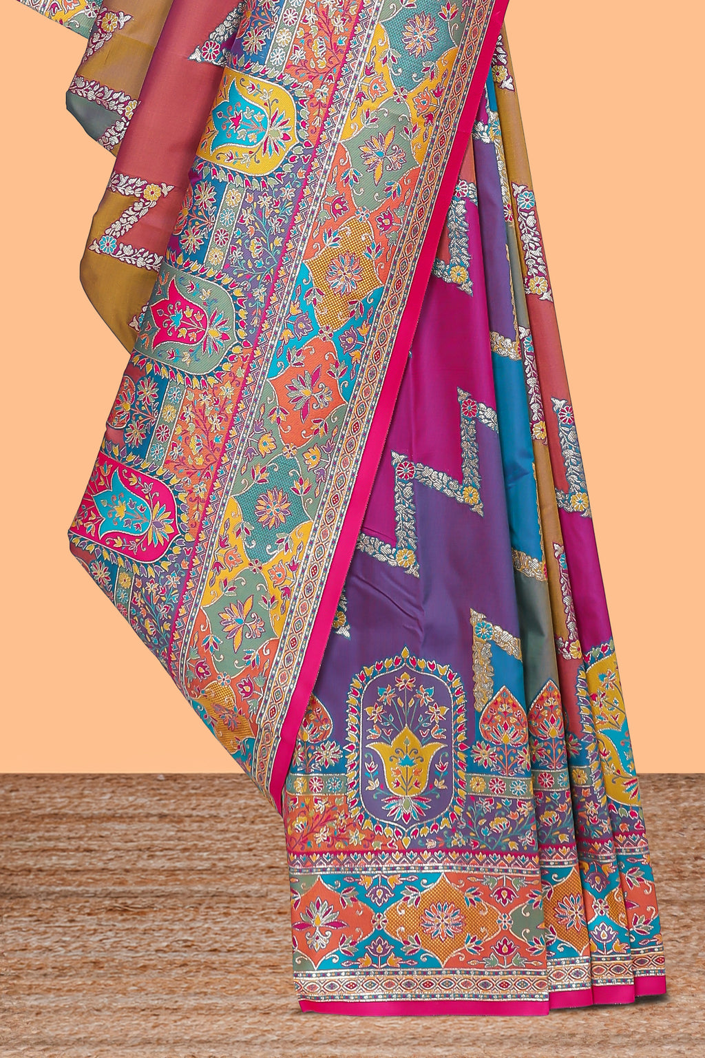 Multicolor zigzag geometric stripe patter banarasi silk saree with intricate contrast floral zari border and blouse