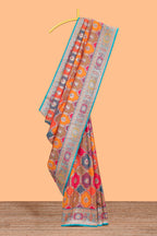 Multicolor geometric grid patter banarasi silk saree with intricate contrast zari border and blouse