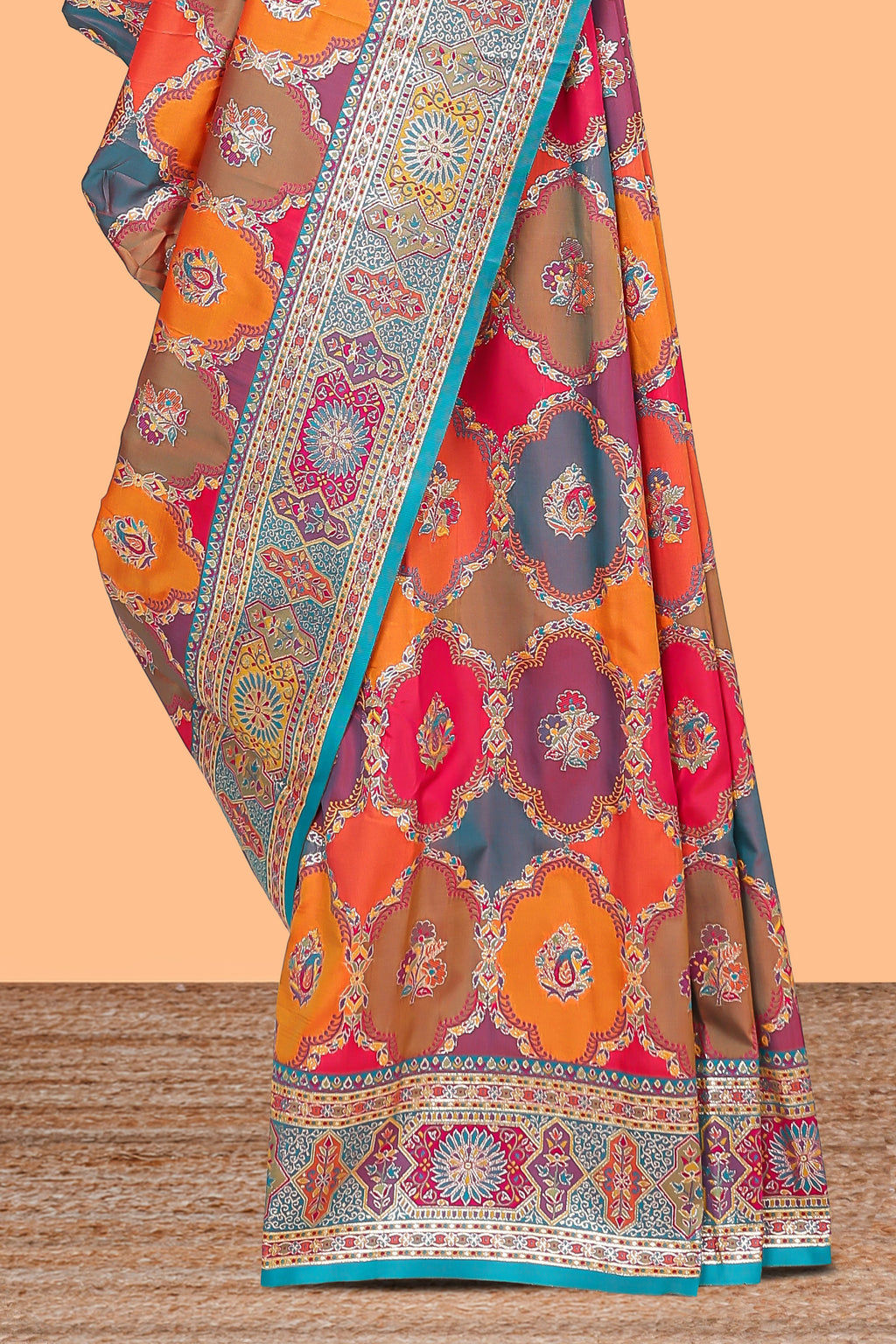 Multicolor geometric grid patter banarasi silk saree with intricate contrast zari border and blouse