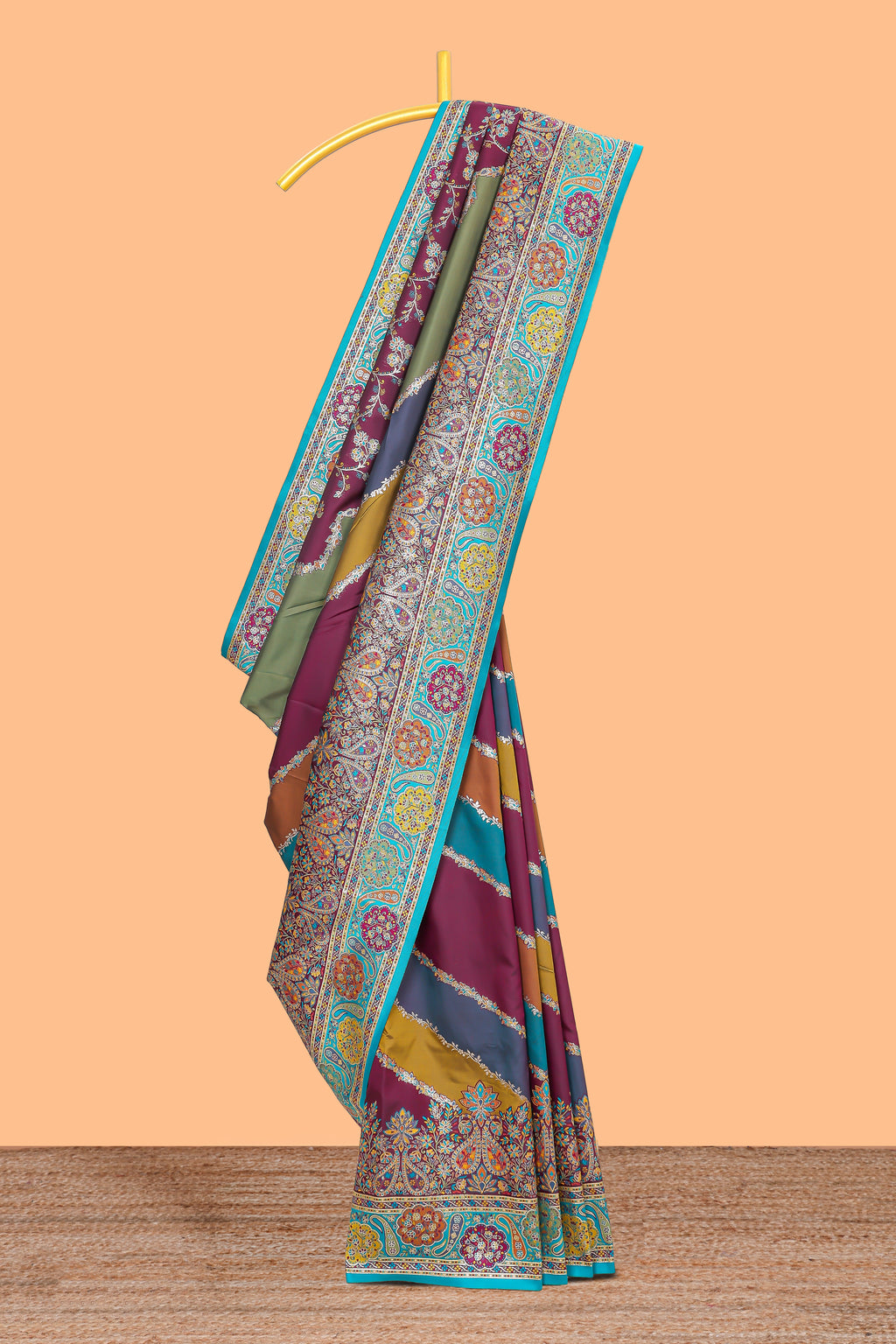 Multicolor floral vines banarasi silk saree with intricate contrast floral motifs border and blouse