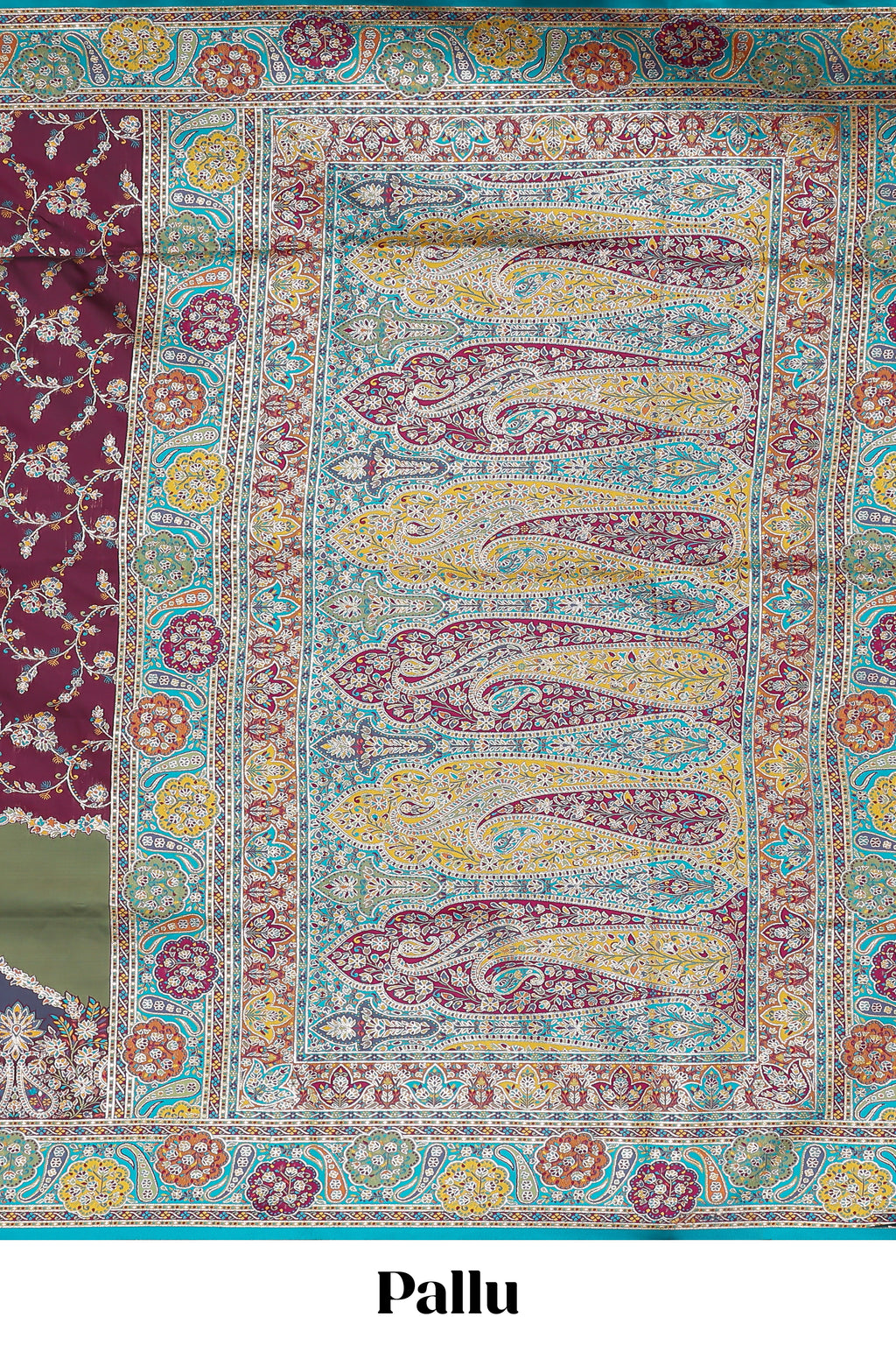 Multicolor floral vines banarasi silk saree with intricate contrast floral motifs border and blouse