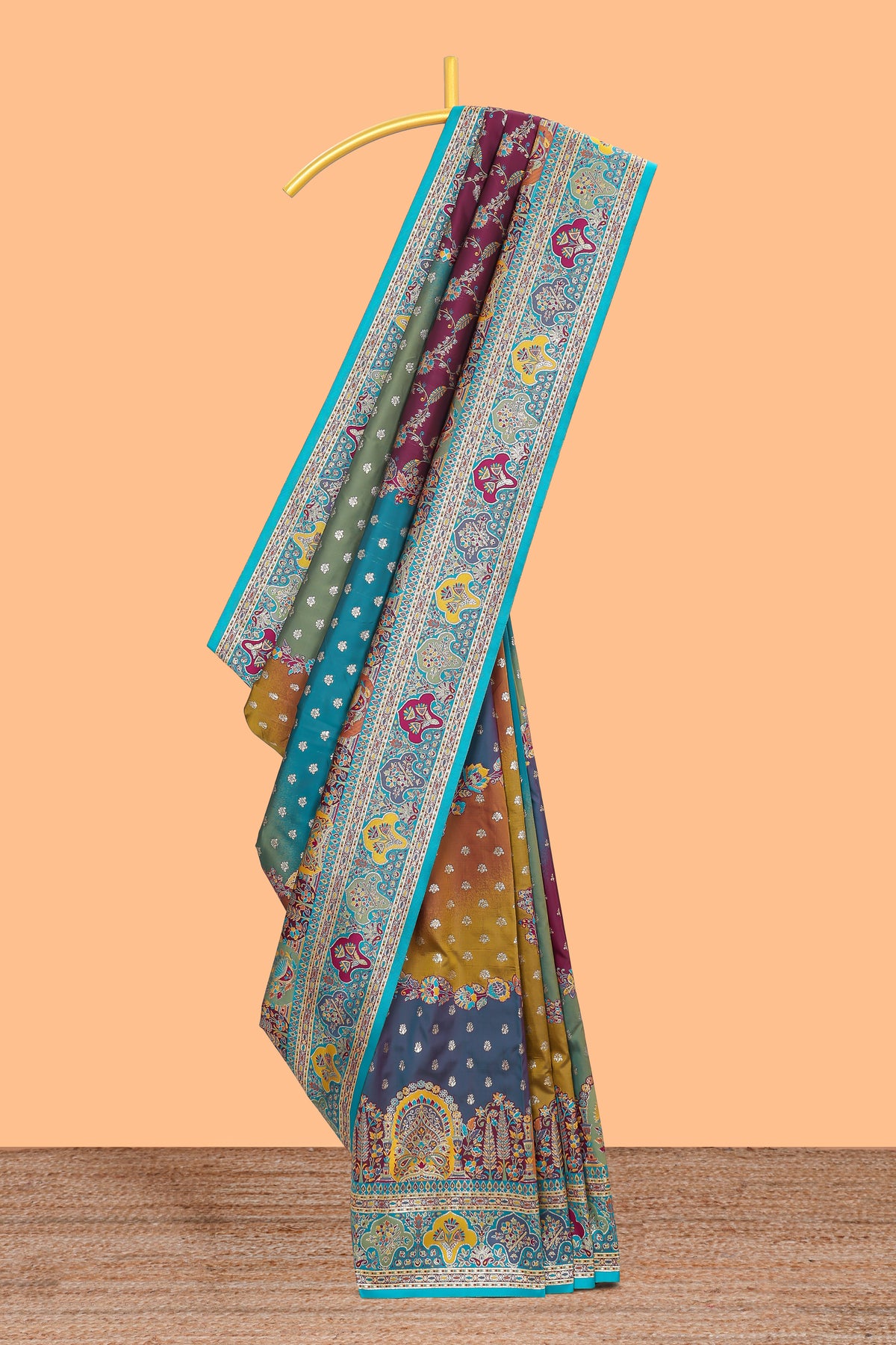 Multicolor unique designed banarasi silk saree with intricate contrast floral motifs border and blouse