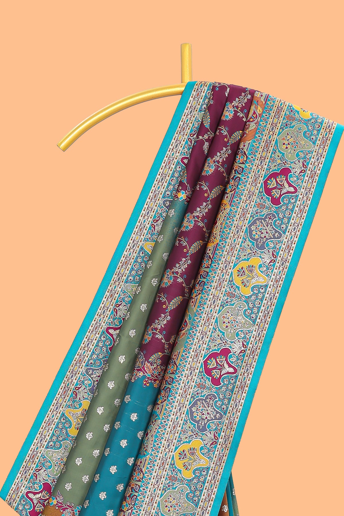 Multicolor unique designed banarasi silk saree with intricate contrast floral motifs border and blouse
