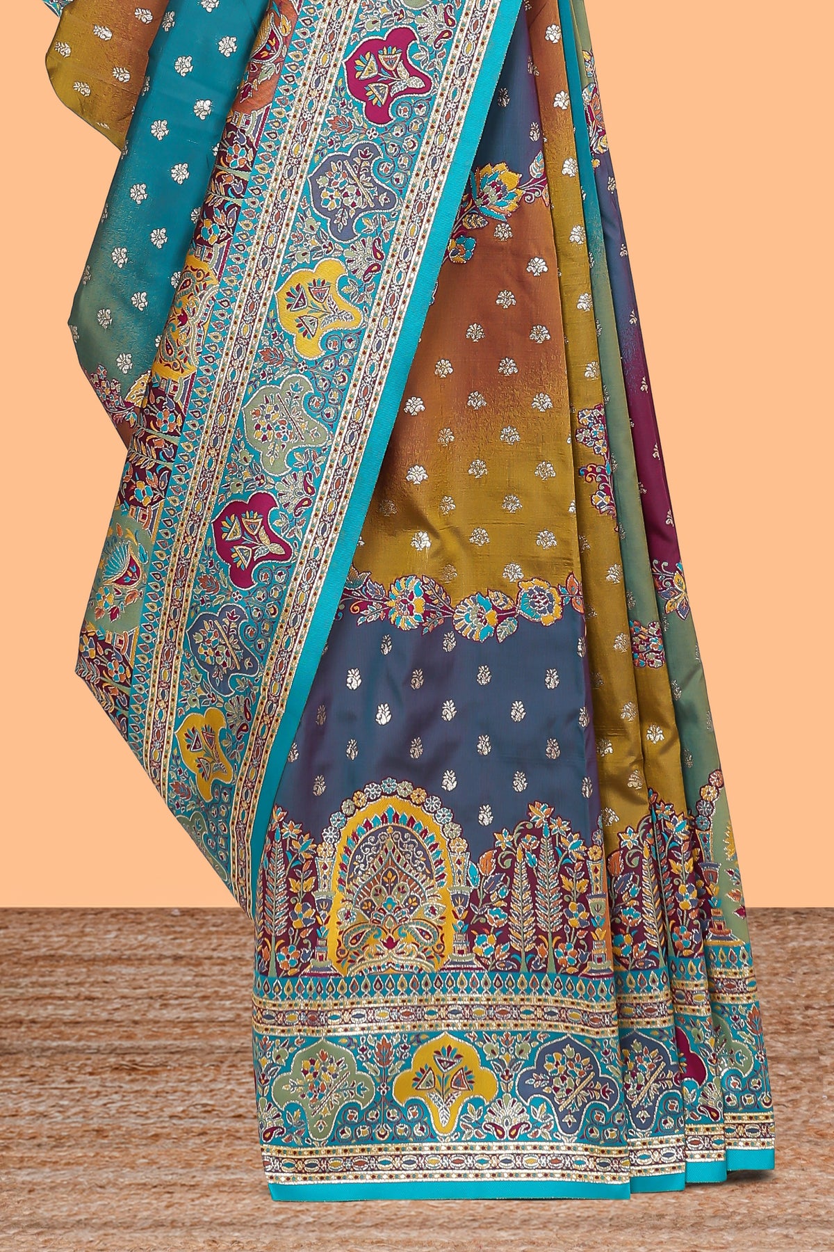 Multicolor unique designed banarasi silk saree with intricate contrast floral motifs border and blouse