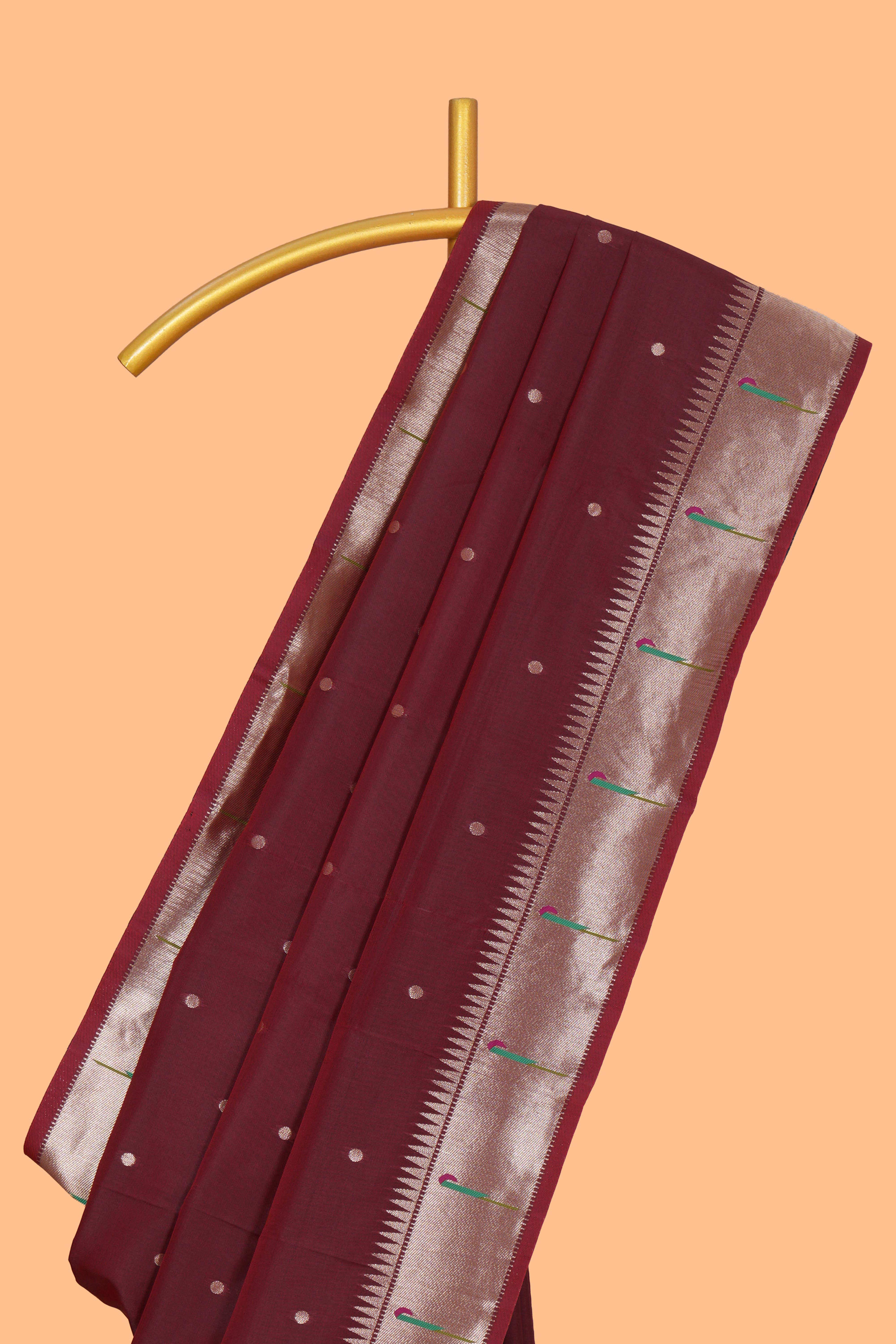 Maroon zari motifs design paithani silk saree with self zari border and matching blouse