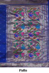 Blue zari motifs design paithani silk saree with self zari border and matching blouse
