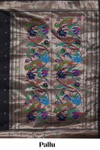 Black zari motifs design paithani silk saree with self zari border and matching blouse