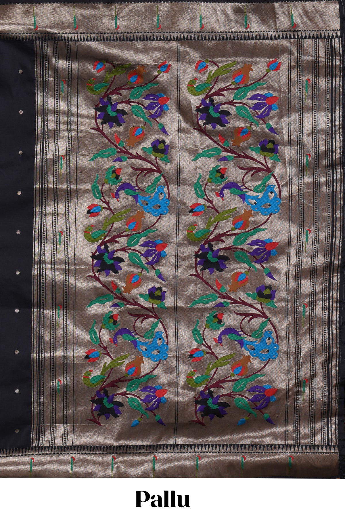 Black zari motifs design paithani silk saree with self zari border and matching blouse