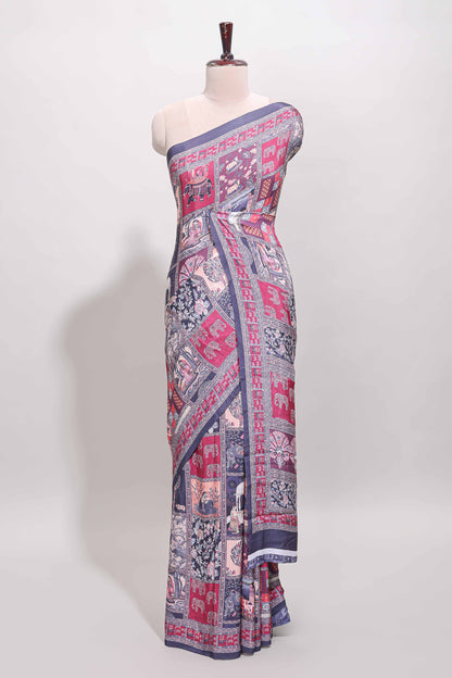 Multi color unique design art mysore silk saree with printed border and pallu