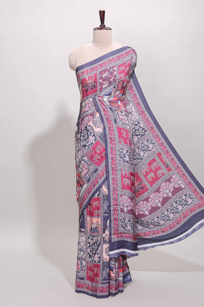 Multi color unique design art mysore silk saree with printed border and pallu