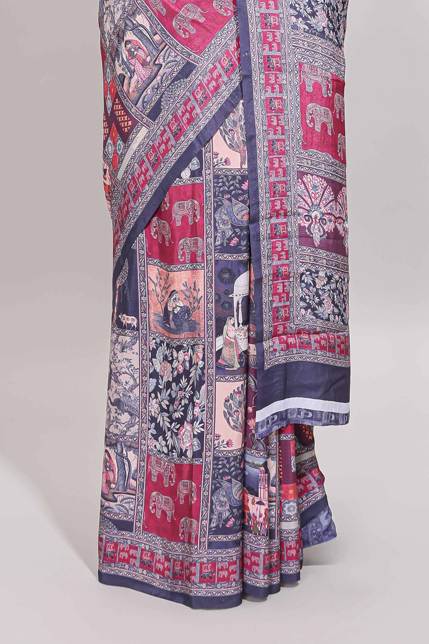 Multi color unique design art mysore silk saree with printed border and pallu