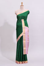 Green zari motifs design pure mysore silk saree with contrast border and zari motifs blouse