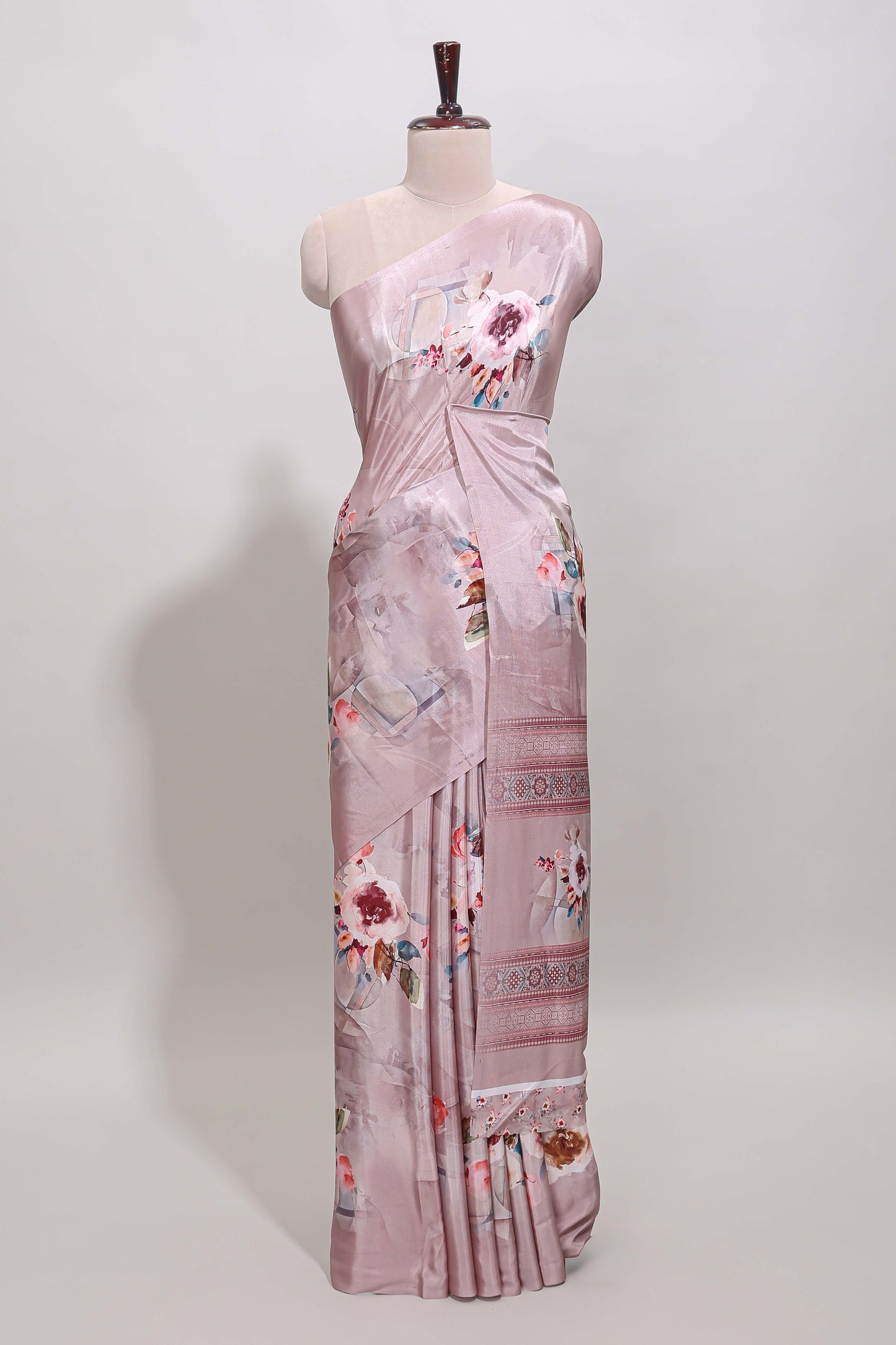 Borderless peach floral design art mysore silk saree with matching floral printed blouse