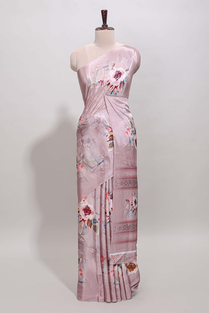 Borderless peach floral design art mysore silk saree with matching floral printed blouse