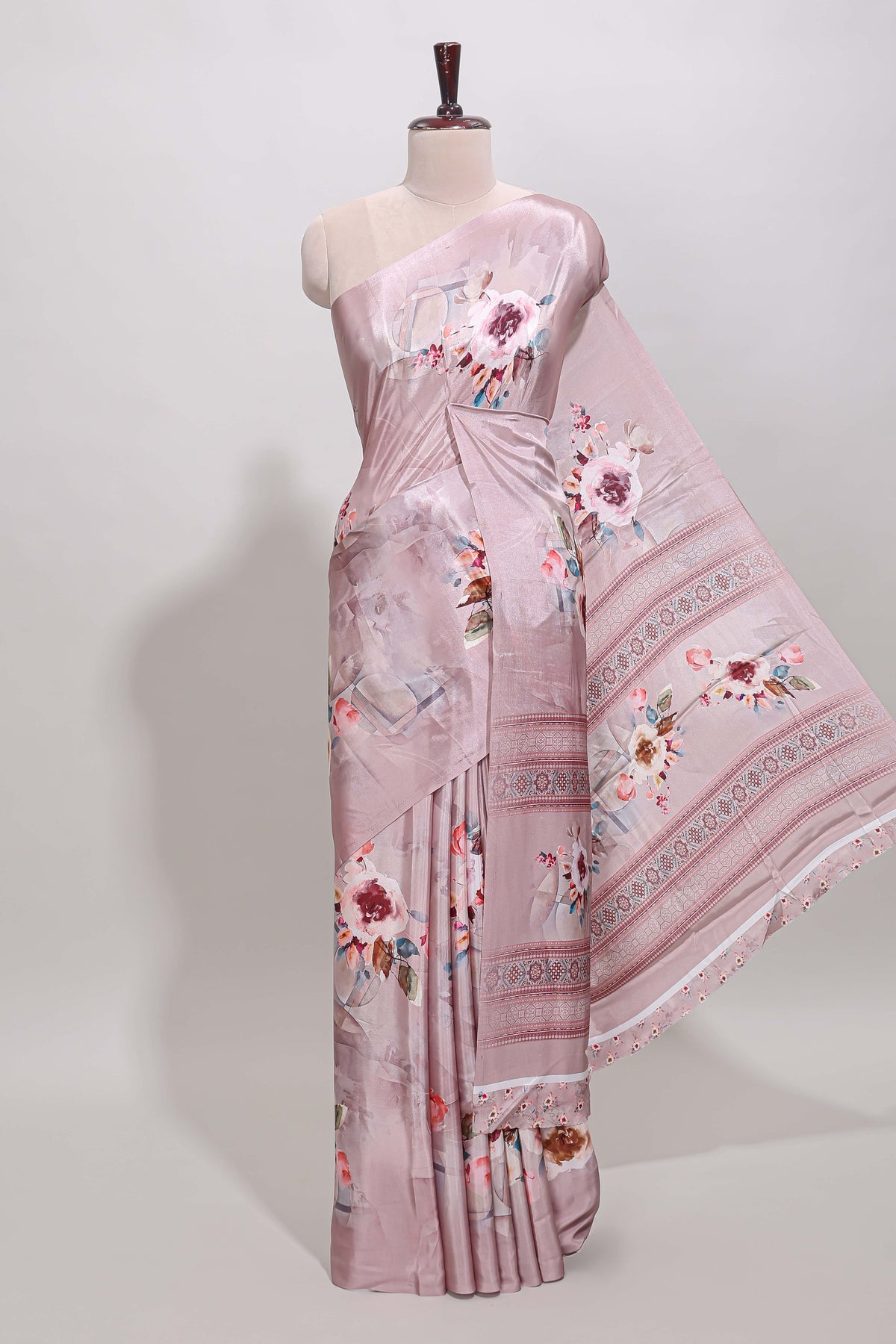 Borderless peach floral design art mysore silk saree with matching floral printed blouse