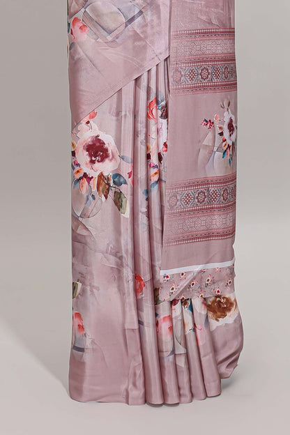 Borderless peach floral design art mysore silk saree with matching floral printed blouse