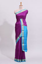 Violet zari motifs design pure mysore silk saree with contrast border and zari motifs blouse