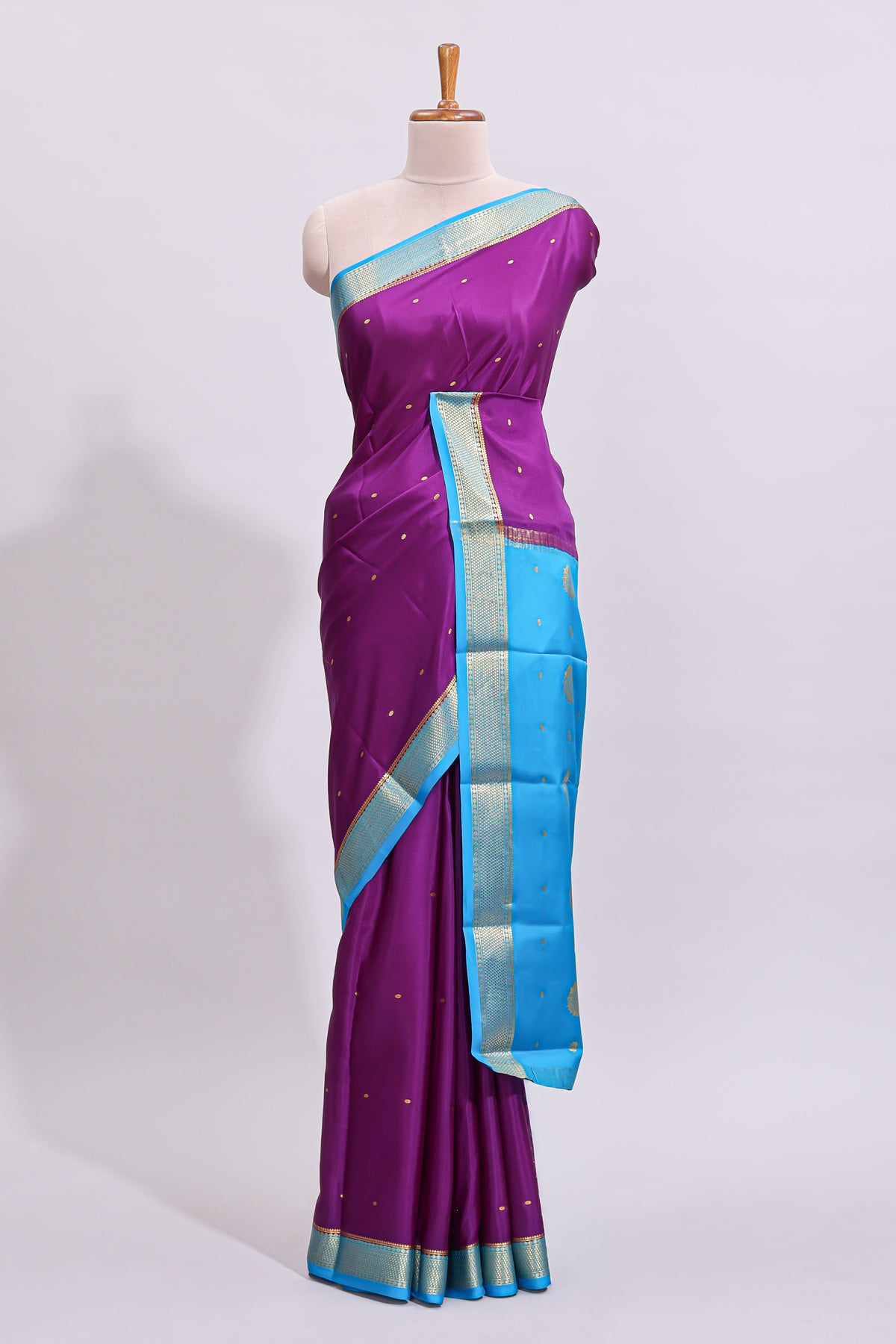 Violet zari motifs design pure mysore silk saree with contrast border and zari motifs blouse