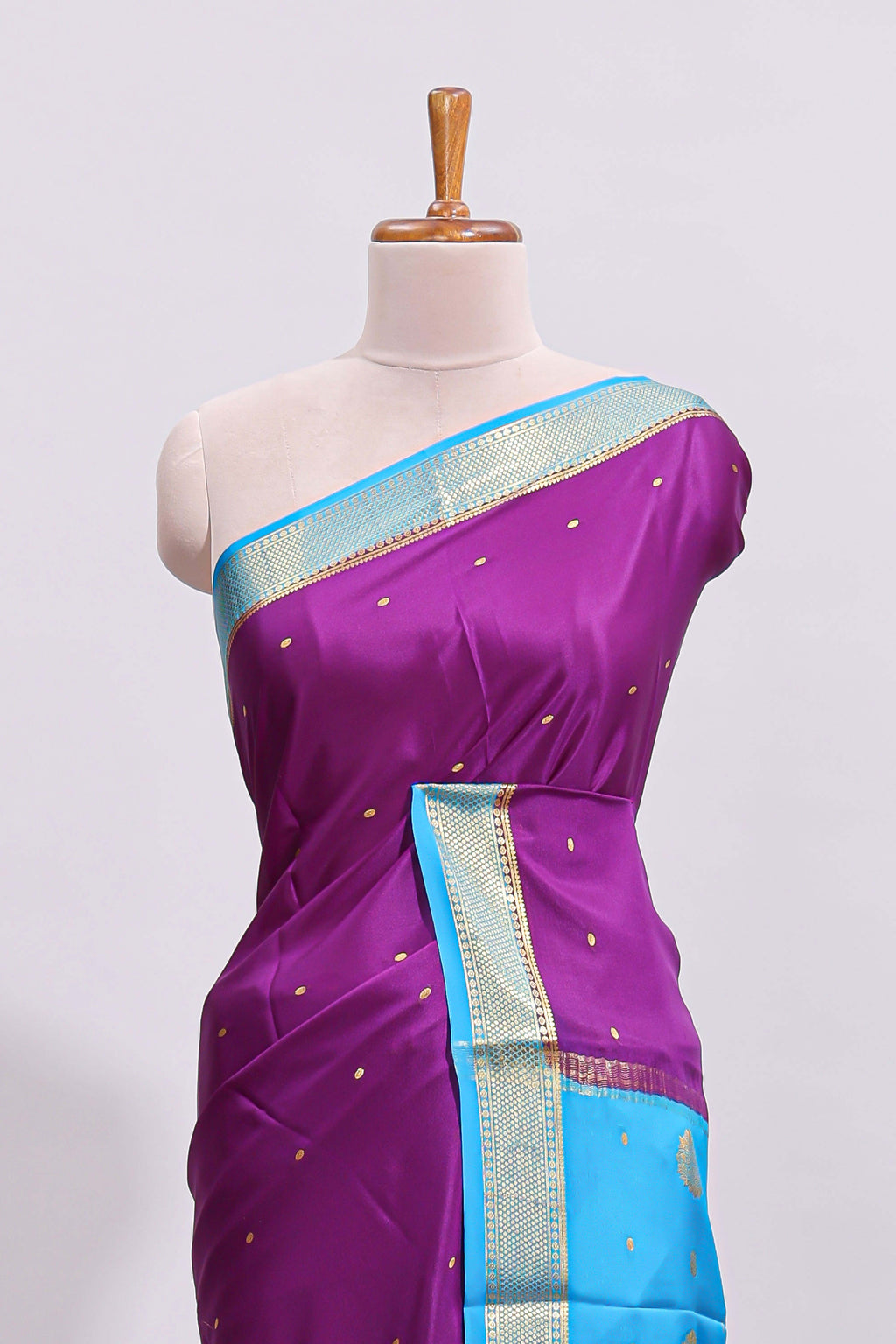 Violet zari motifs design pure mysore silk saree with contrast border and zari motifs blouse