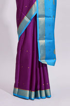 Violet zari motifs design pure mysore silk saree with contrast border and zari motifs blouse