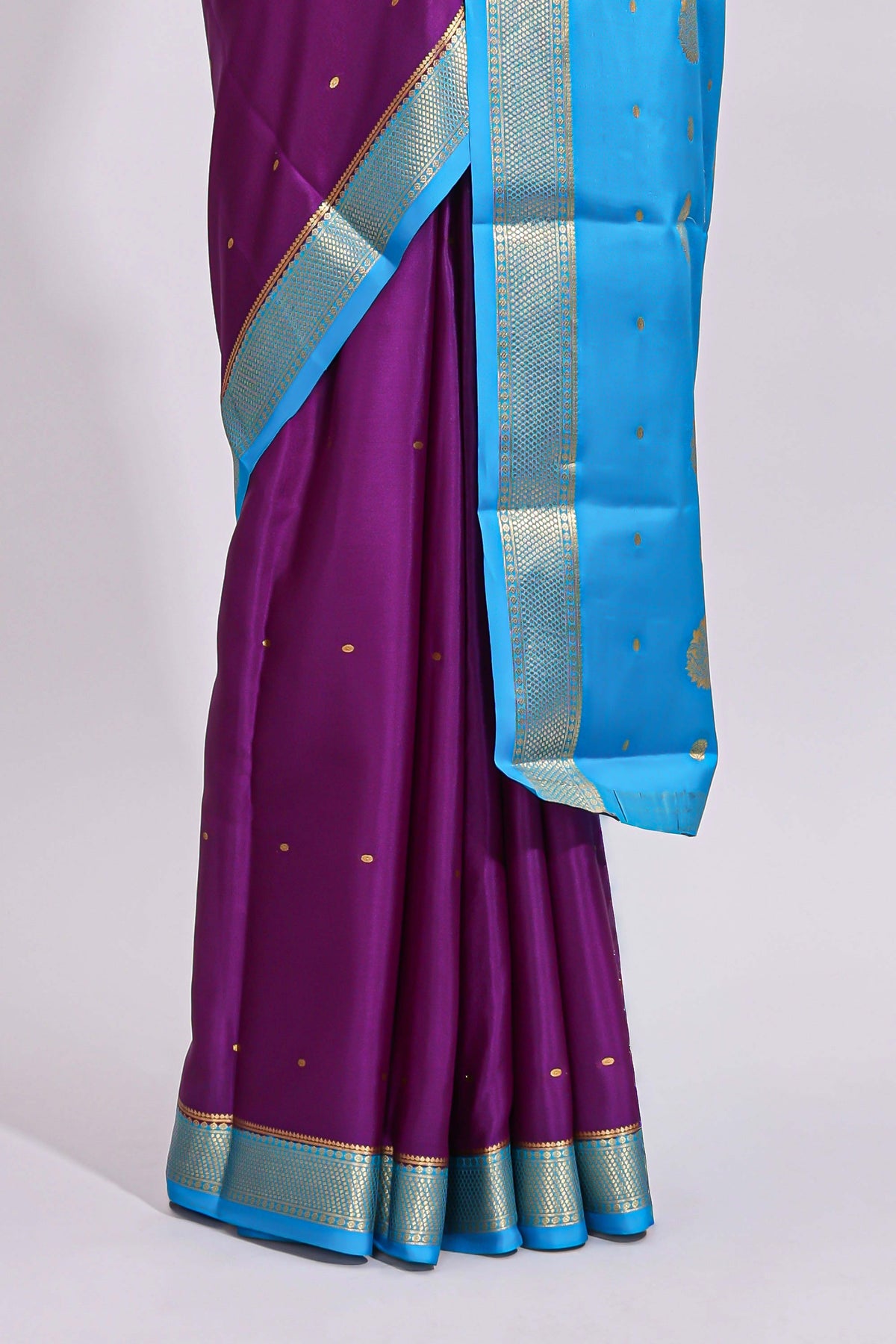 Violet zari motifs design pure mysore silk saree with contrast border and zari motifs blouse