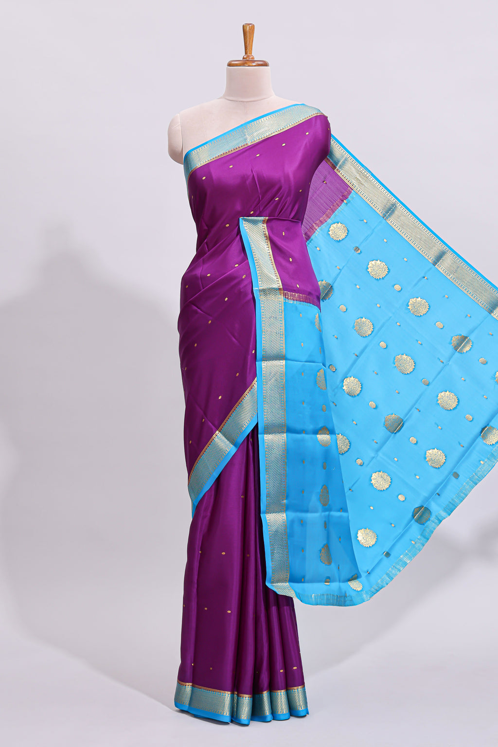 Violet zari motifs design pure mysore silk saree with contrast border and zari motifs blouse