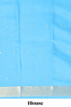 Violet zari motifs design pure mysore silk saree with contrast border and zari motifs blouse
