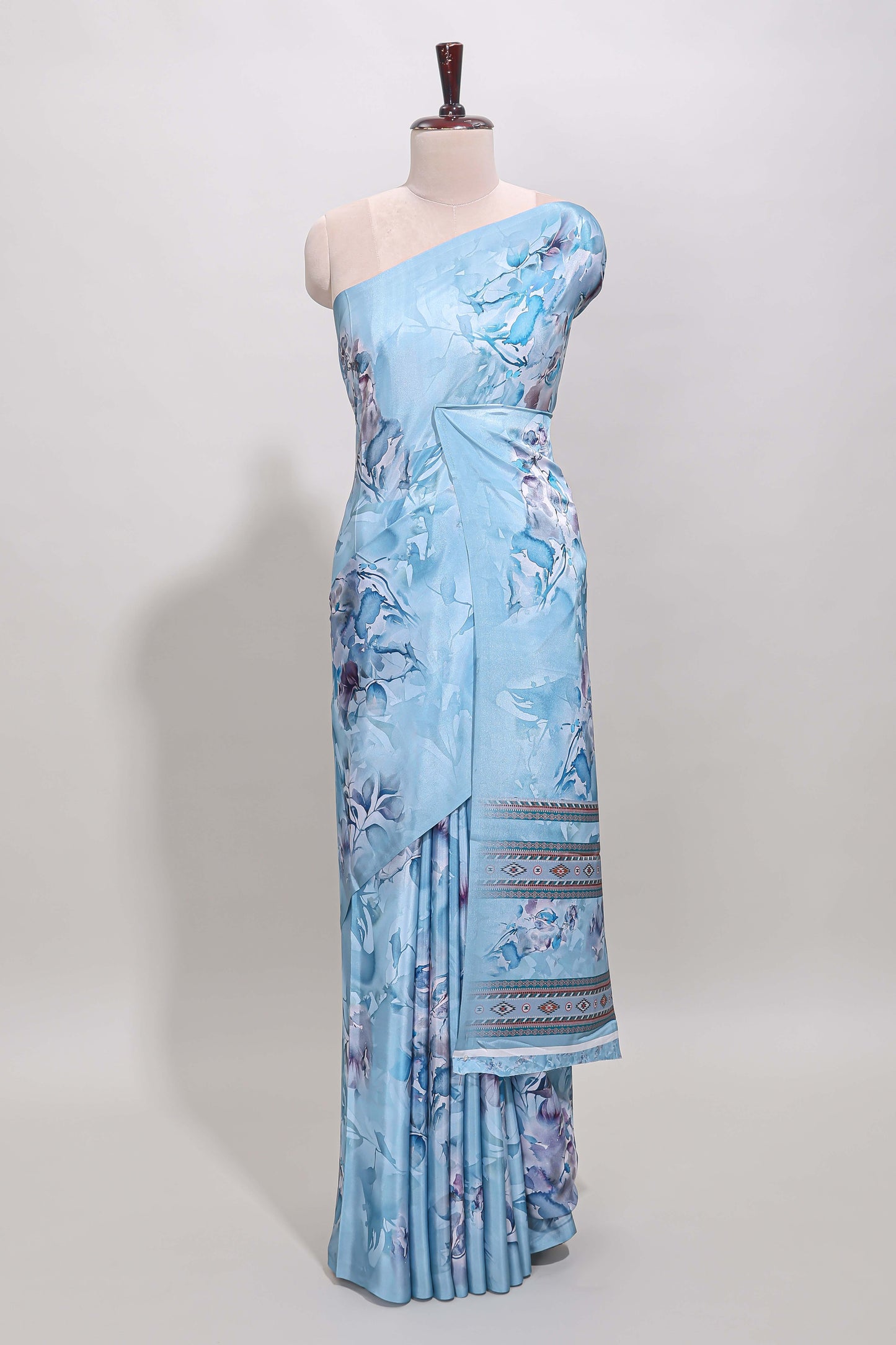 Borderless blue floral design art mysore silk saree with matching floral printed blouse