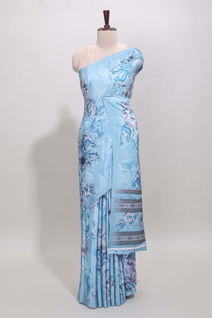 Borderless blue floral design art mysore silk saree with matching floral printed blouse