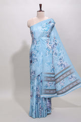 Borderless blue floral design art mysore silk saree with matching floral printed blouse