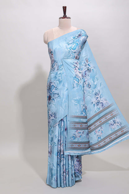 Borderless blue floral design art mysore silk saree with matching floral printed blouse