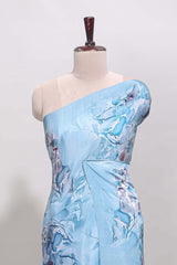 Borderless blue floral design art mysore silk saree with matching floral printed blouse