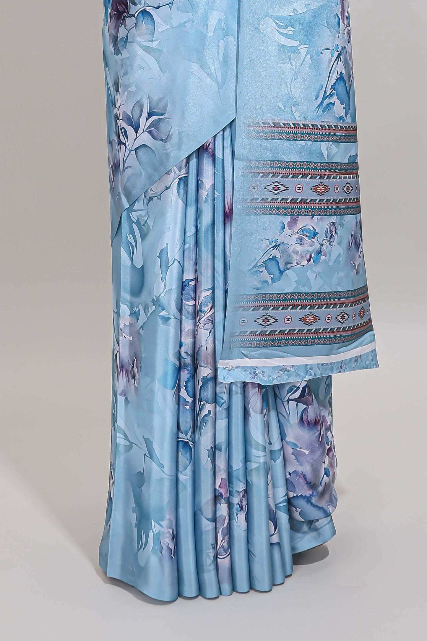 Borderless blue floral design art mysore silk saree with matching floral printed blouse