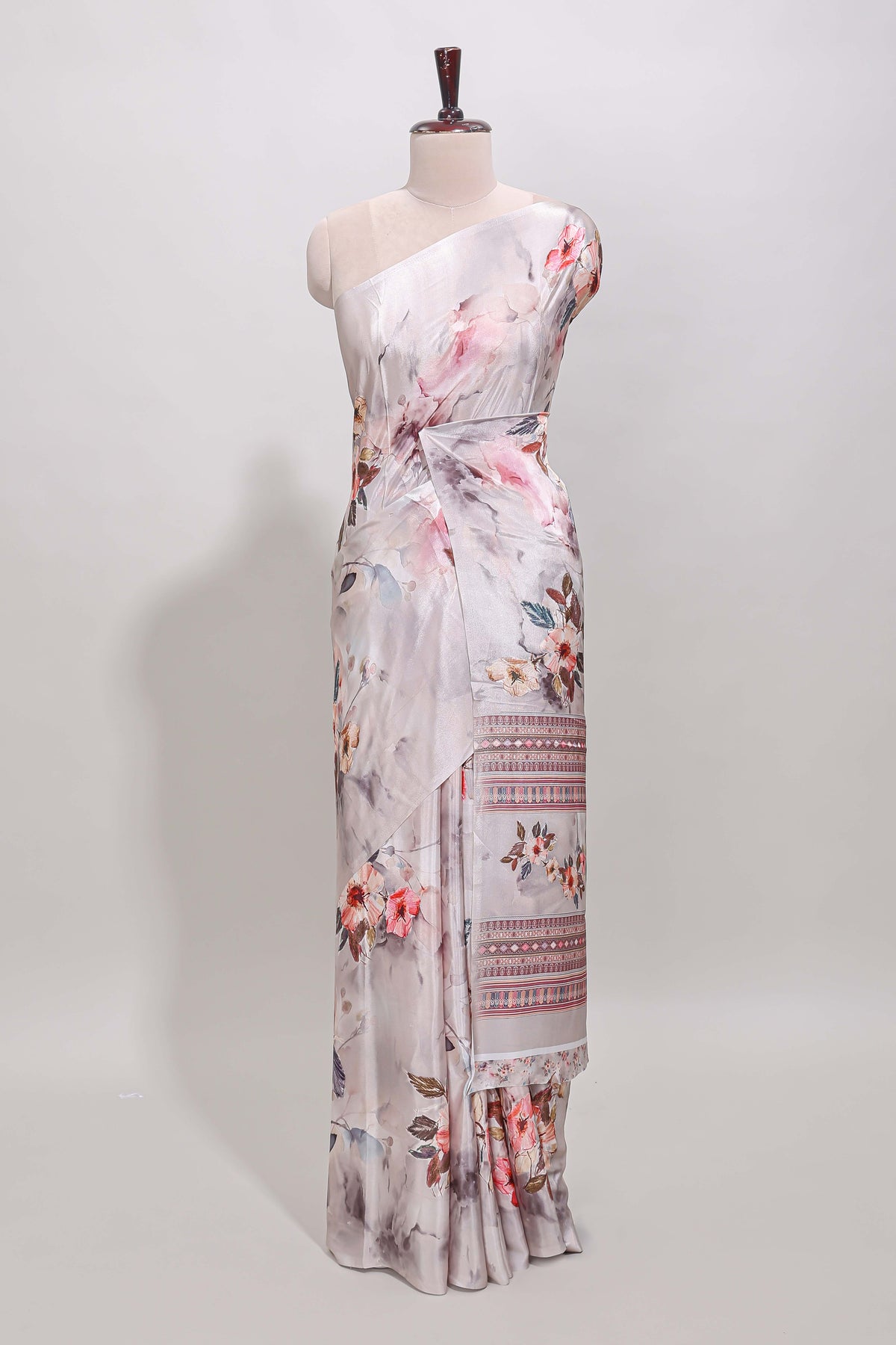 Borderless cream floral design art mysore silk saree with matching floral printed blouse