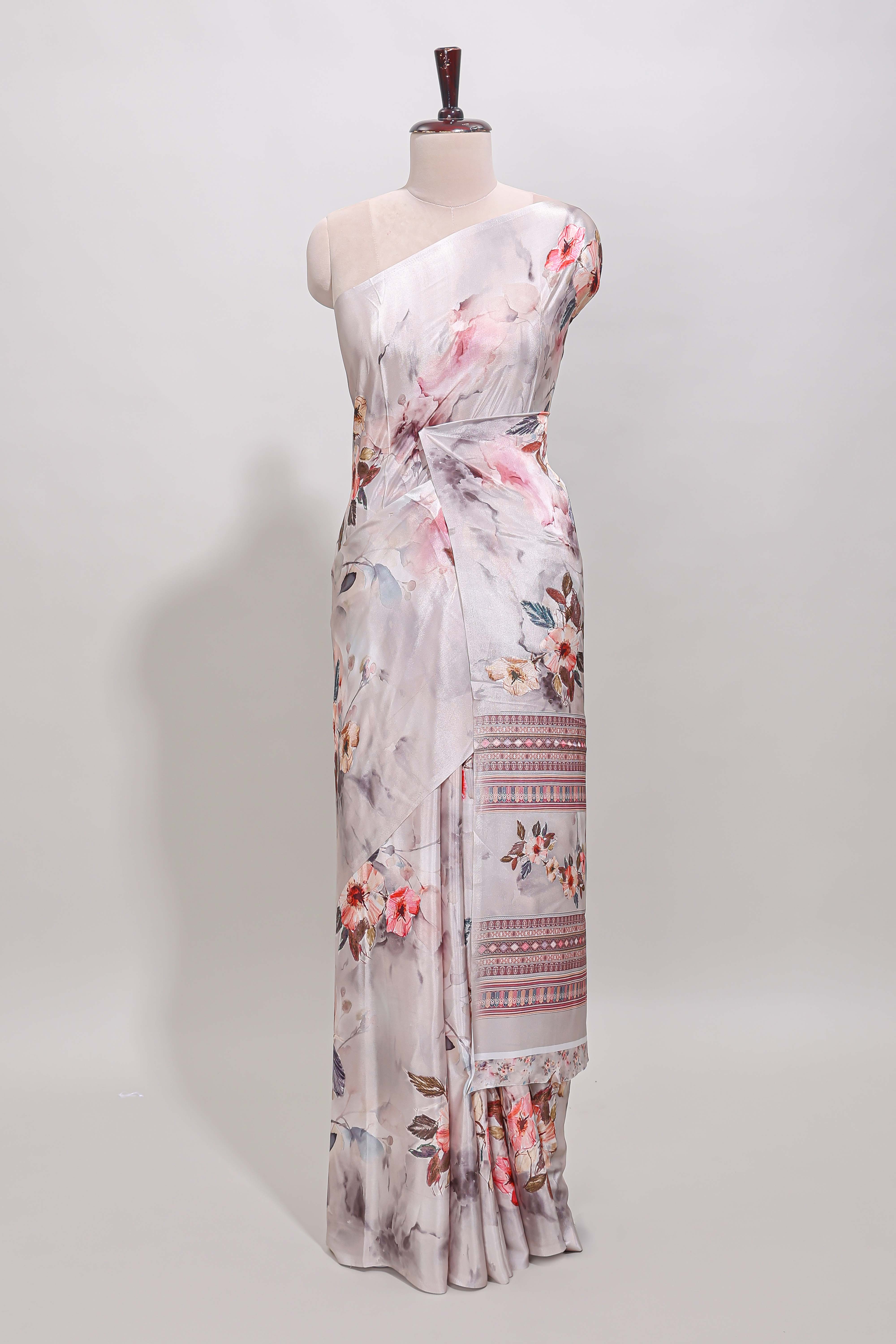 Borderless cream floral design art mysore silk saree with matching floral printed blouse