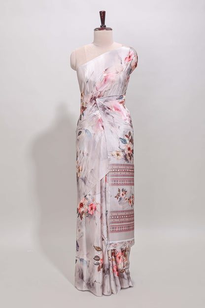 Borderless cream floral design art mysore silk saree with matching floral printed blouse