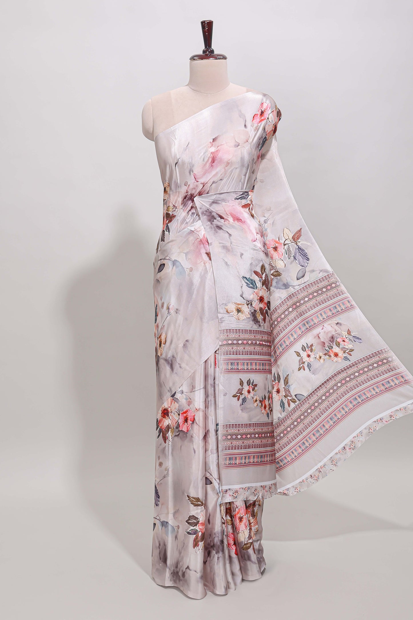 Borderless cream floral design art mysore silk saree with matching floral printed blouse