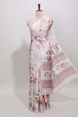 Borderless cream floral design art mysore silk saree with matching floral printed blouse