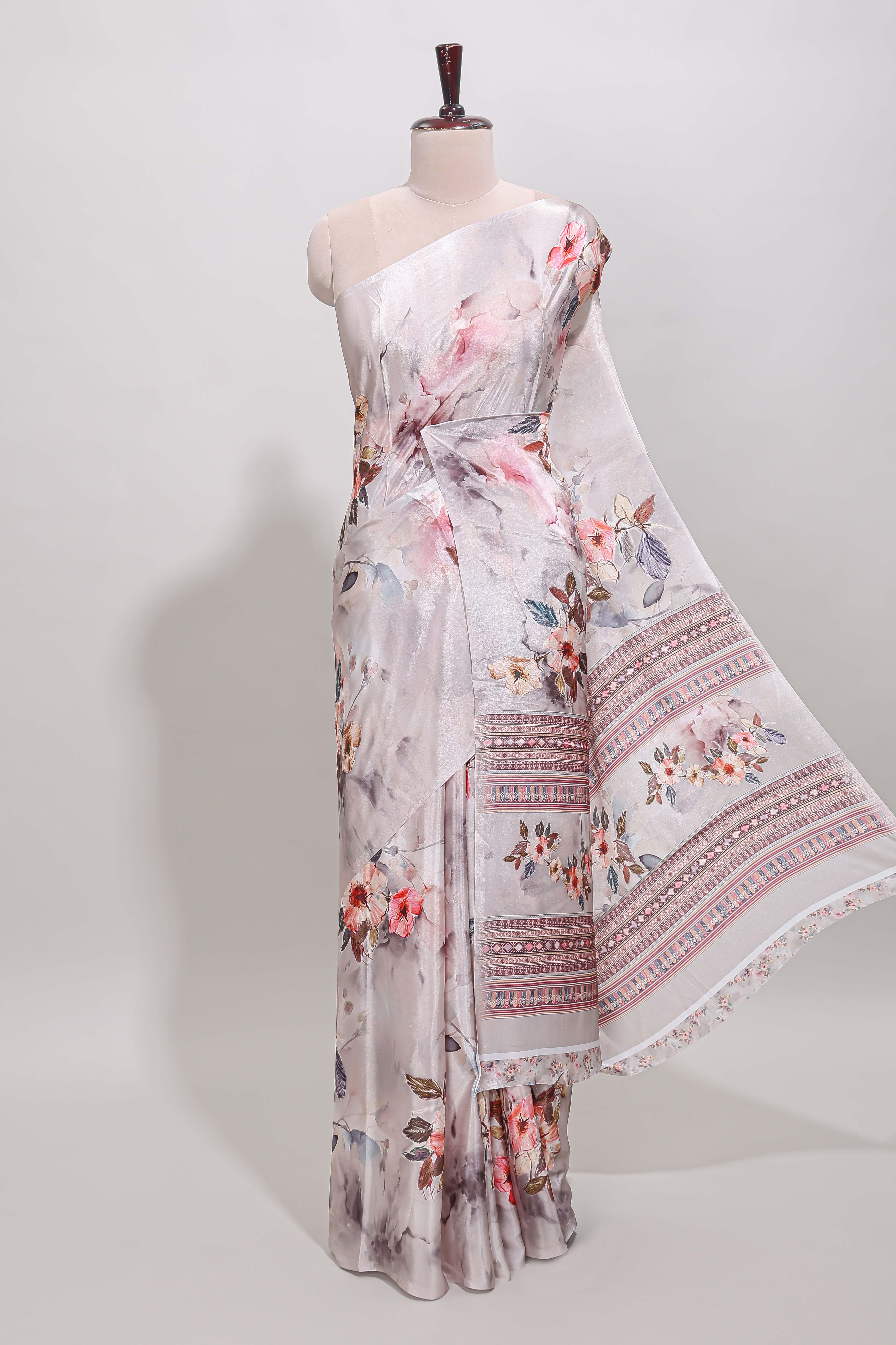 Borderless cream floral design art mysore silk saree with matching floral printed blouse
