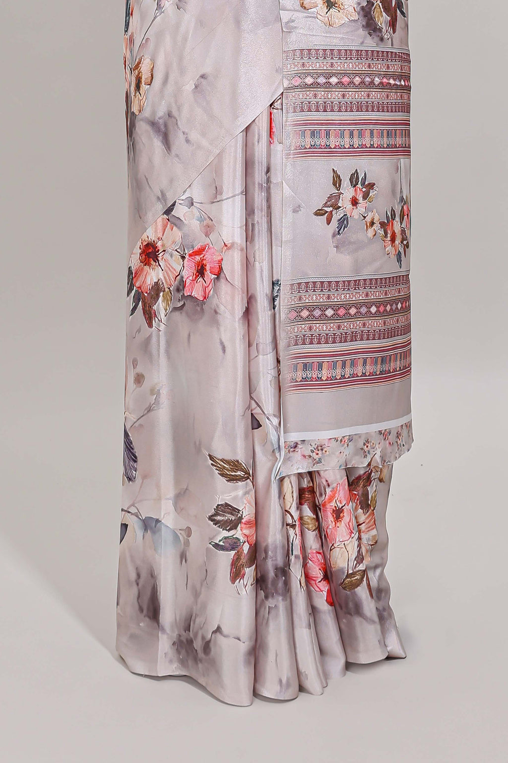 Borderless cream floral design art mysore silk saree with matching floral printed blouse