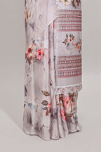 Borderless cream floral design art mysore silk saree with matching floral printed blouse