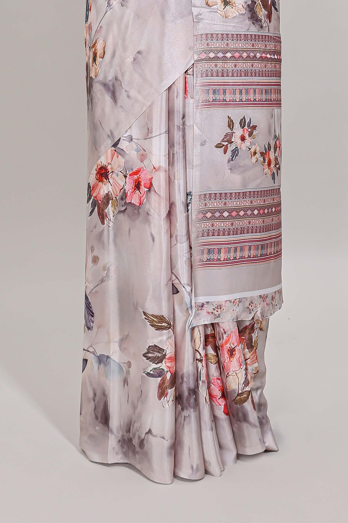 Borderless cream floral design art mysore silk saree with matching floral printed blouse