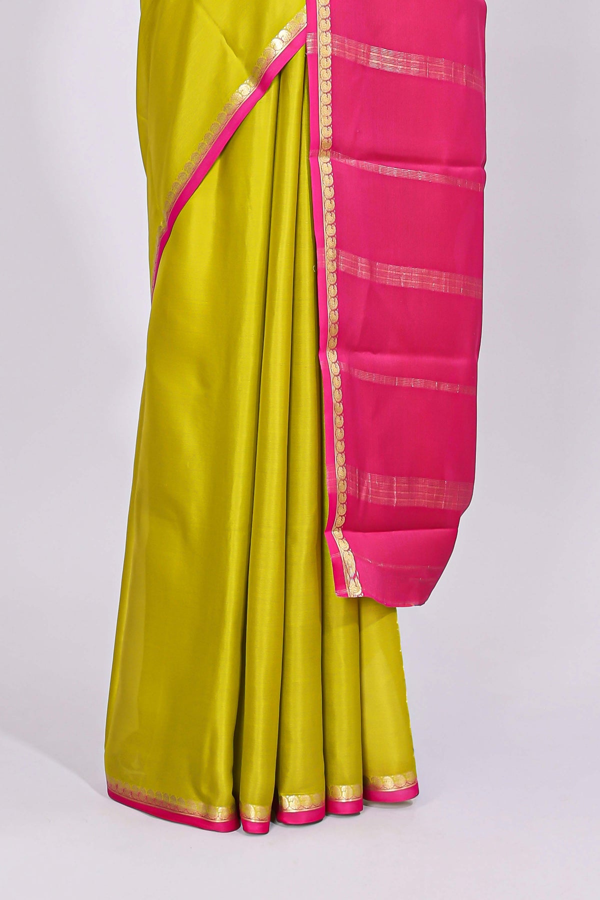 Lime yellow plain design pure mysore silk saree with contrast border and blouse