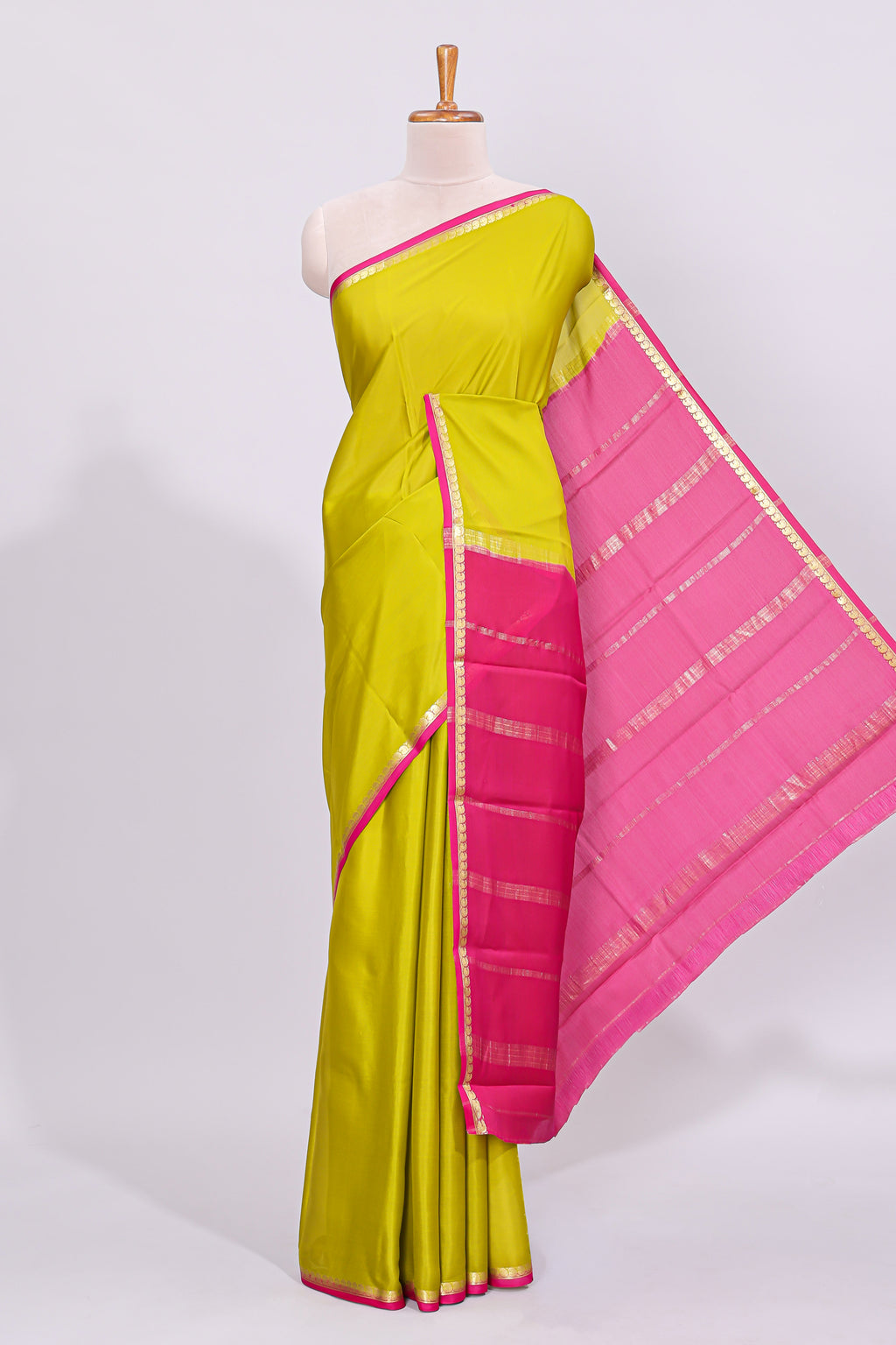 Lime yellow plain design pure mysore silk saree with contrast border and blouse