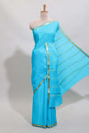 Sky blue plain design pure mysore silk saree with contrast border and matching blouse